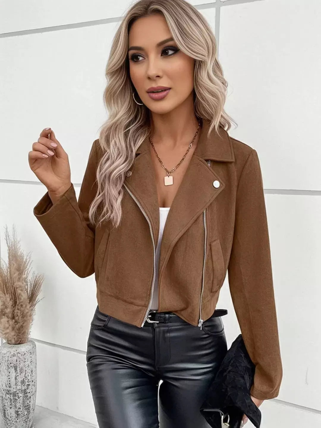 Suede Effect Zip-up Crop Biker Jacket For Women 2025