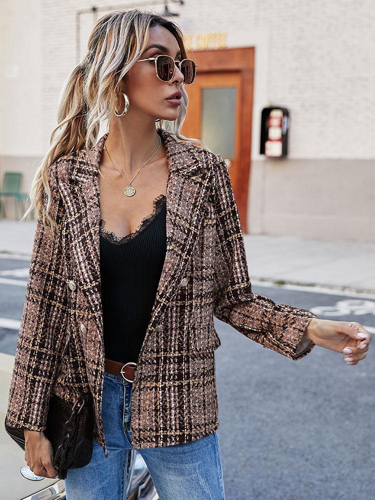 Women Blazer Fashion Turndown Collar Long Sleeves Coffee Brown Plaid Shacket