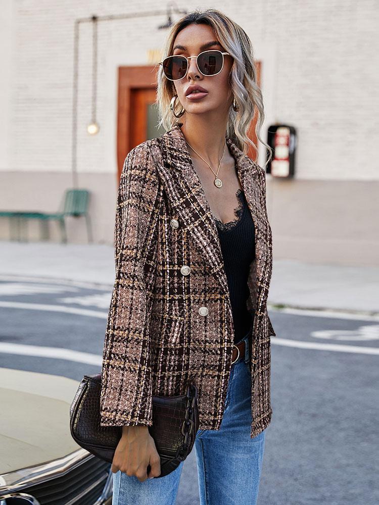 Women Blazer Fashion Turndown Collar Long Sleeves Coffee Brown Plaid Shacket