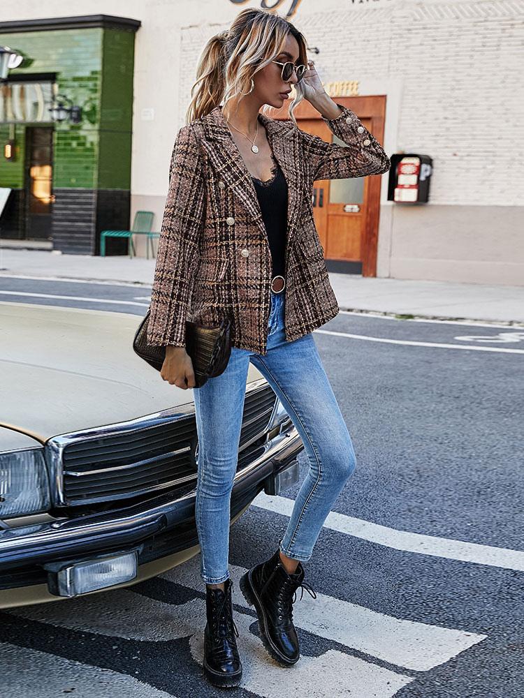 Women Blazer Fashion Turndown Collar Long Sleeves Coffee Brown Plaid Shacket