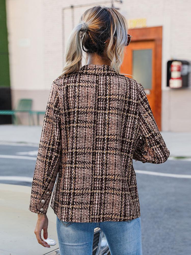 Women Blazer Fashion Turndown Collar Long Sleeves Coffee Brown Plaid Shacket