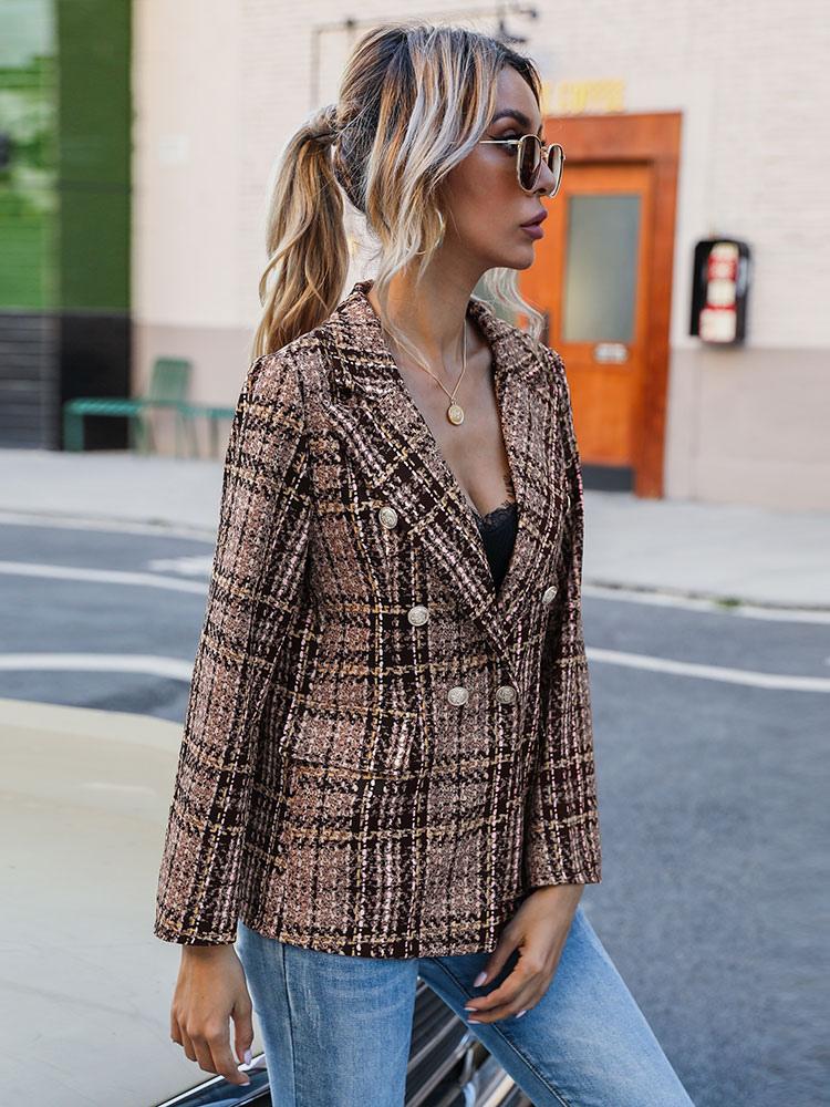 Women Blazer Fashion Turndown Collar Long Sleeves Coffee Brown Plaid Shacket