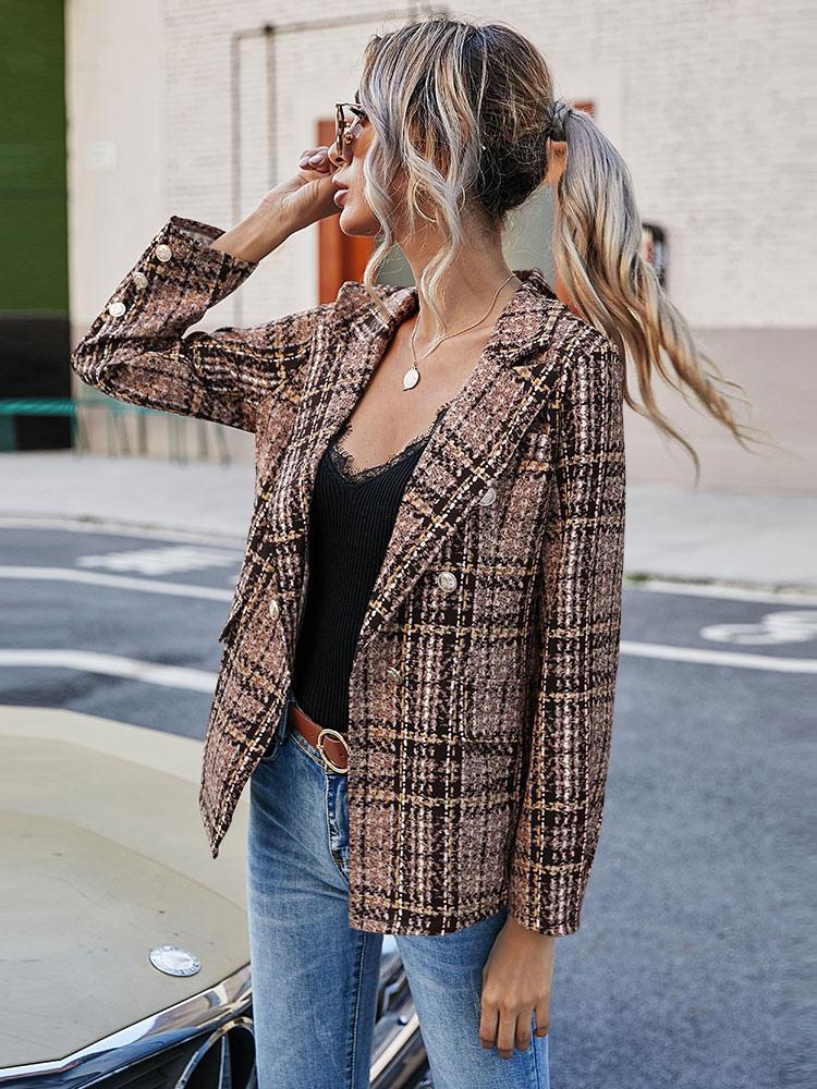 Women Blazer Fashion Turndown Collar Long Sleeves Coffee Brown Plaid Shacket