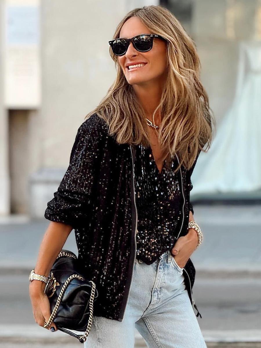 Sequins Jacket Round Neck Long Sleeves Zip Up Women's Jackets
