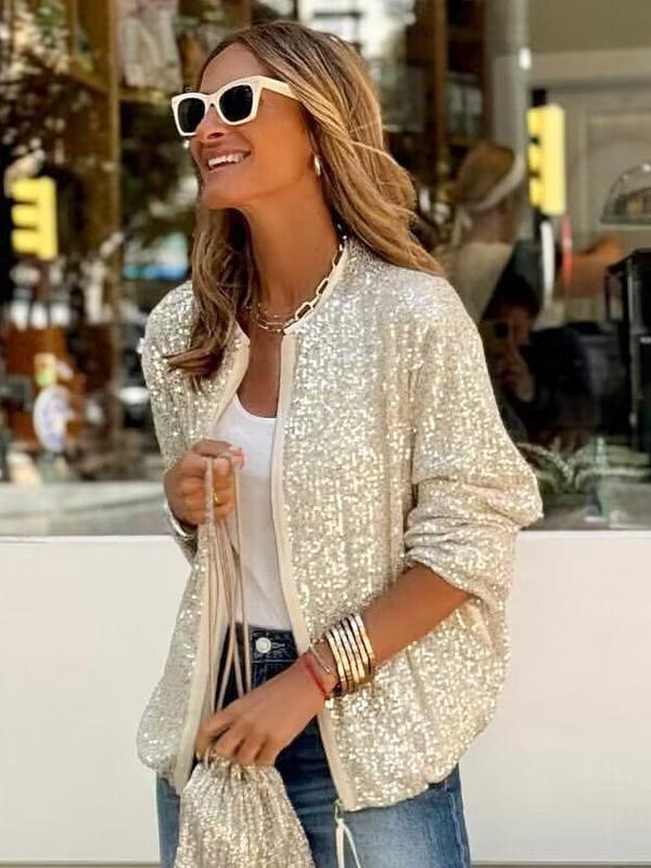 Sequins Jacket Round Neck Long Sleeves Zip Up Women's Jackets