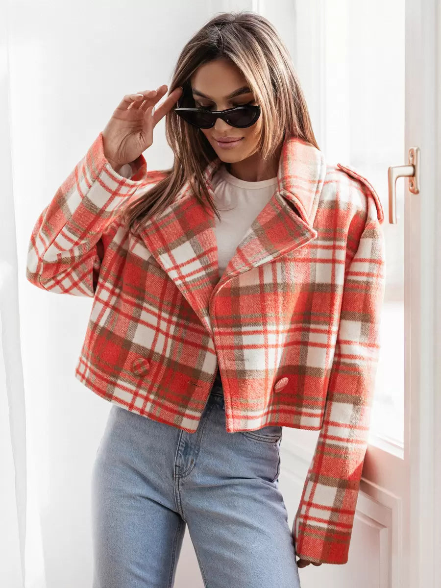 Women Jacket Turndown Collar Plaid Polyester