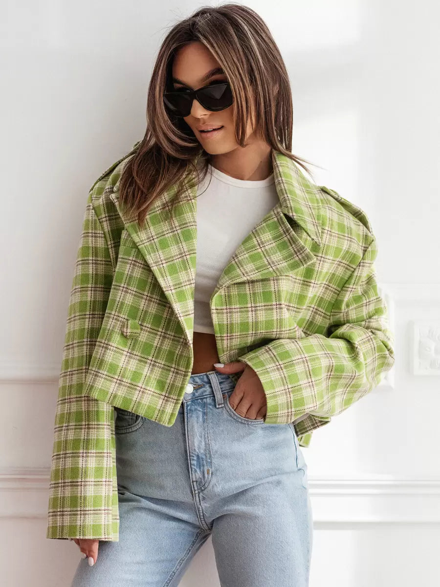 Women Jacket Turndown Collar Plaid Polyester