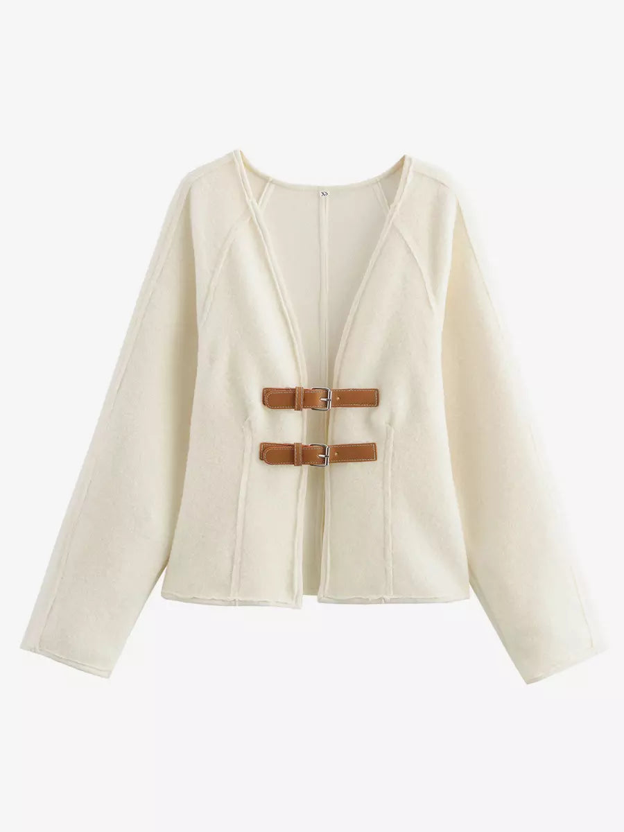White Jacket For Women Drop Shoulder V-Neck Buckle Details Spring Casual Outerwear 2025