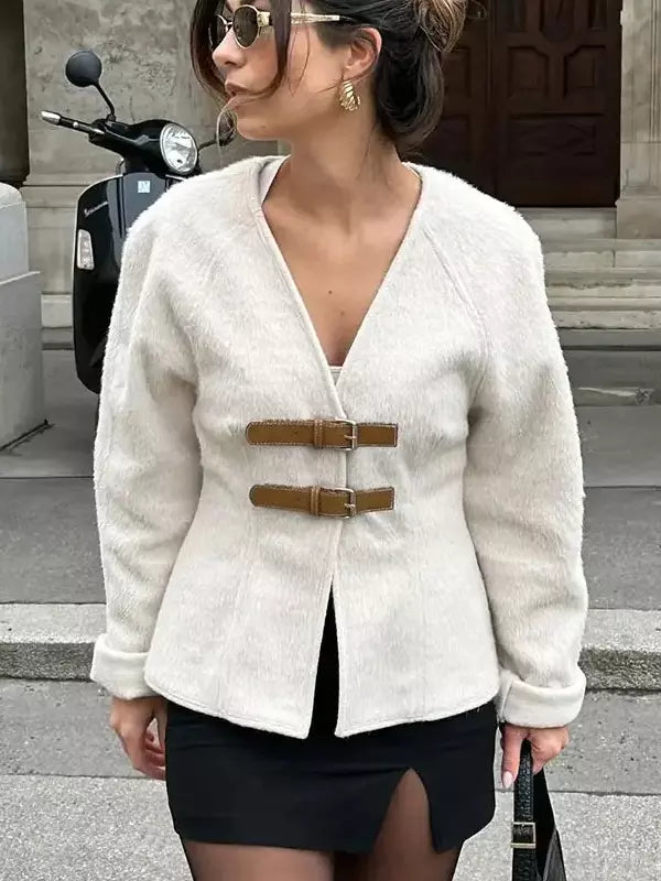 White Jacket For Women Drop Shoulder V-Neck Buckle Details Spring Casual Outerwear 2025