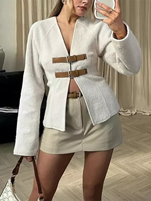 White Jacket For Women Drop Shoulder V-Neck Buckle Details Spring Casual Outerwear 2025
