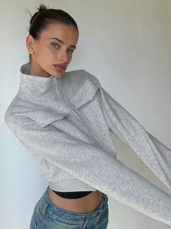 Gray Jacket For Women Stand Collar Long Sleeves Zipper Spring Outerwear 2025