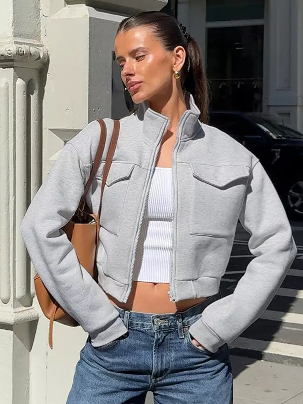 Gray Jacket For Women Stand Collar Long Sleeves Zipper Spring Outerwear 2025