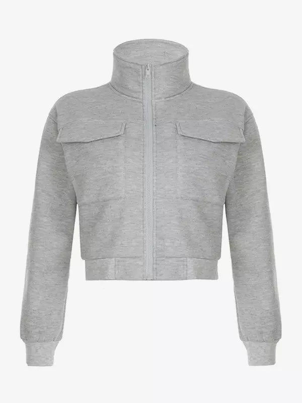 Gray Jacket For Women Stand Collar Long Sleeves Zipper Spring Outerwear 2025