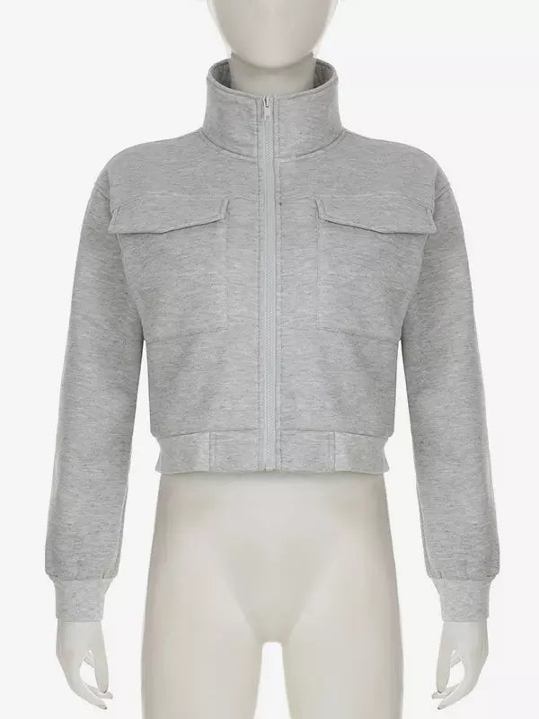 Gray Jacket For Women Stand Collar Long Sleeves Zipper Spring Outerwear 2025
