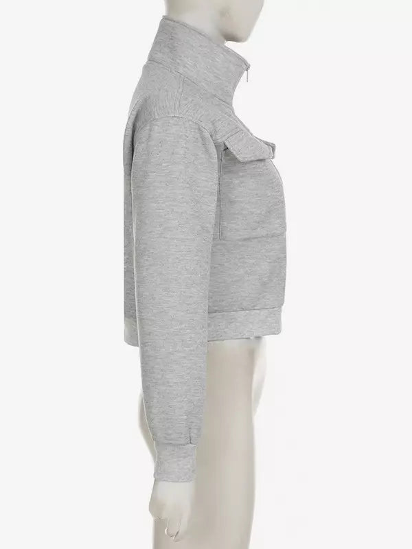 Gray Jacket For Women Stand Collar Long Sleeves Zipper Spring Outerwear 2025