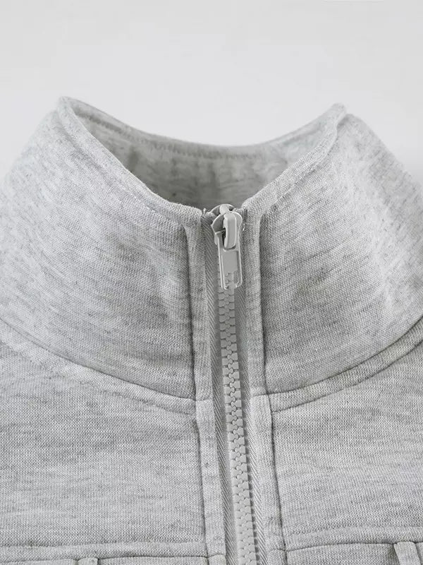 Gray Jacket For Women Stand Collar Long Sleeves Zipper Spring Outerwear 2025