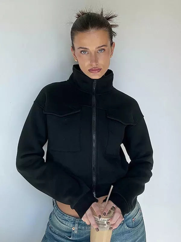 Gray Jacket For Women Stand Collar Long Sleeves Zipper Spring Outerwear 2025