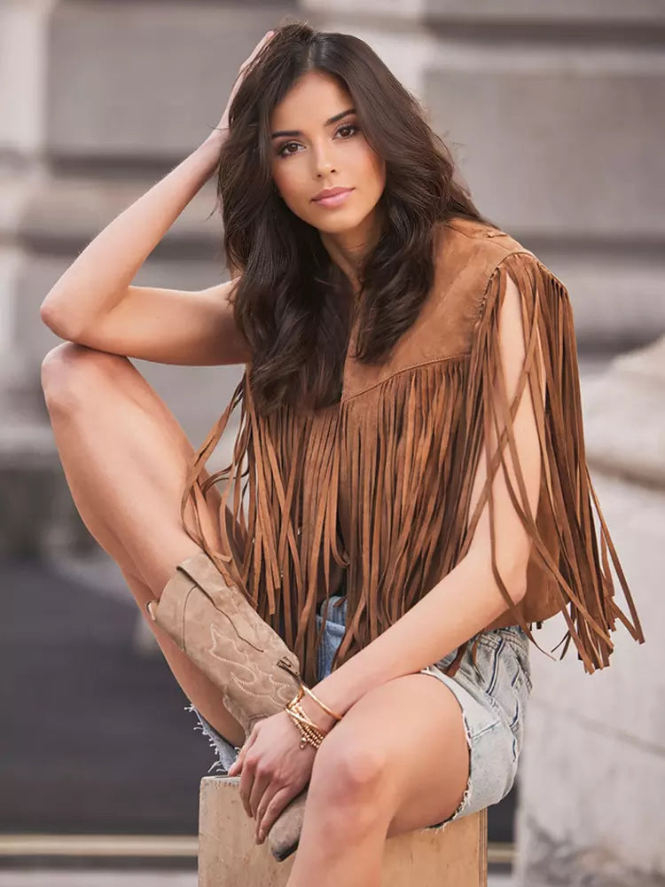 Western Cowgirl Fringe Vest Crew Neck Bohemian Spring Suede Jacket For Women 2025