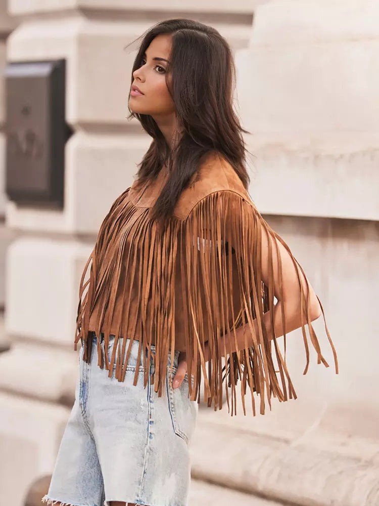 Western Cowgirl Fringe Vest Crew Neck Bohemian Spring Suede Jacket For Women 2025