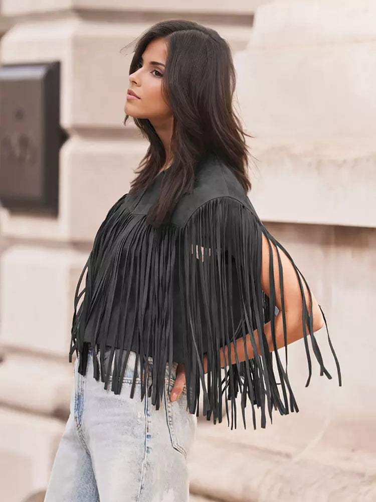 Western Cowgirl Fringe Vest Crew Neck Bohemian Spring Suede Jacket For Women 2025