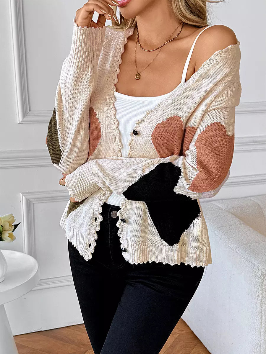 Heart Pattern Colorblock V-neck Cardigan For Women 2025