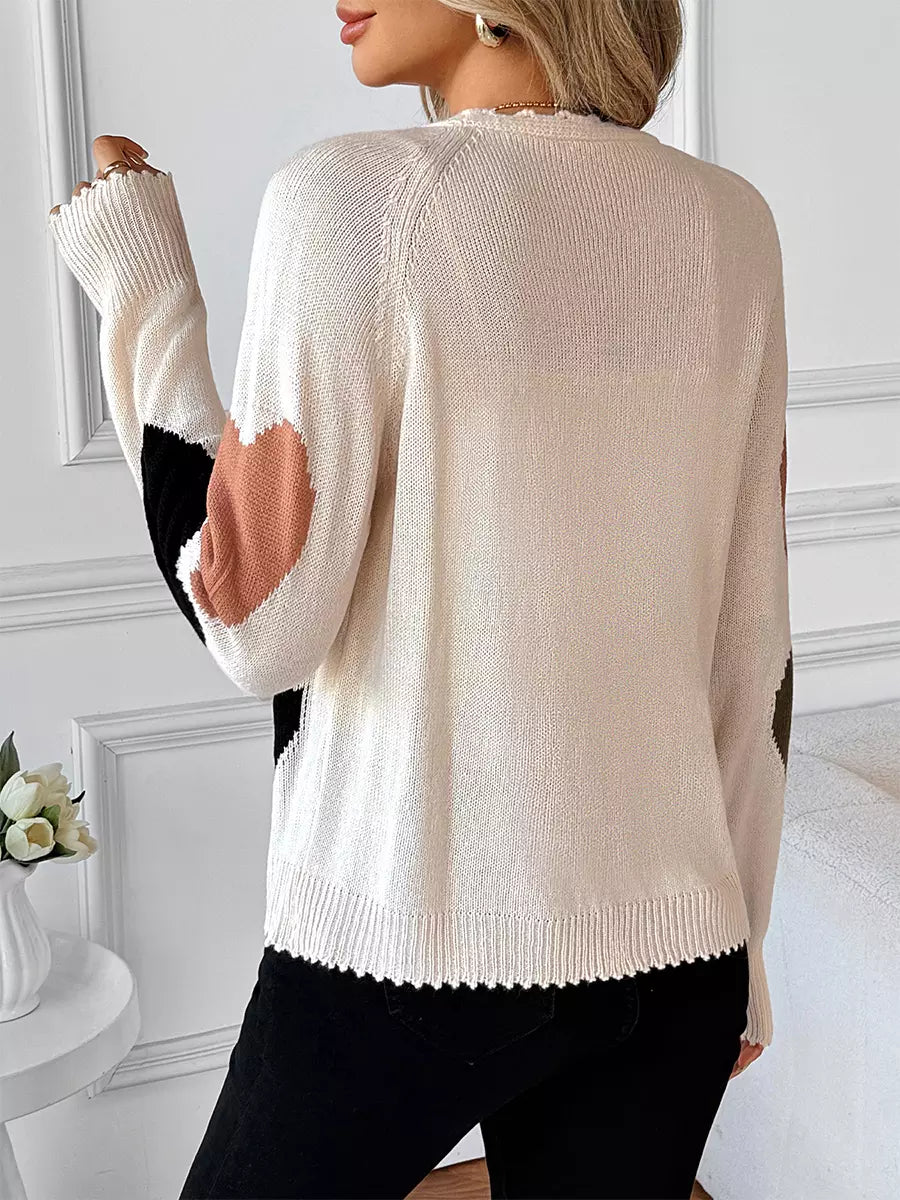 Heart Pattern Colorblock V-neck Cardigan For Women 2025