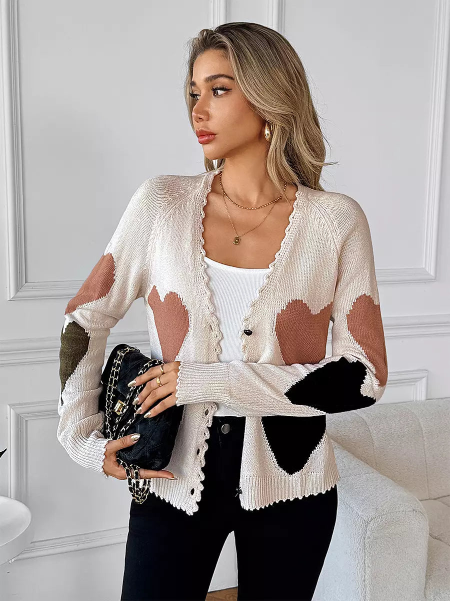 Heart Pattern Colorblock V-neck Cardigan For Women 2025