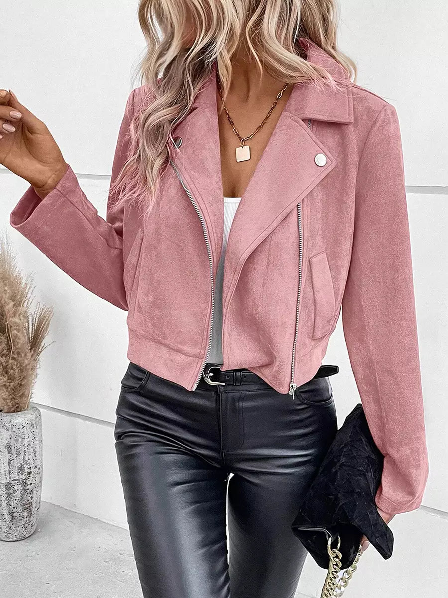 Suede Effect Zip-up Crop Biker Jacket For Women 2025