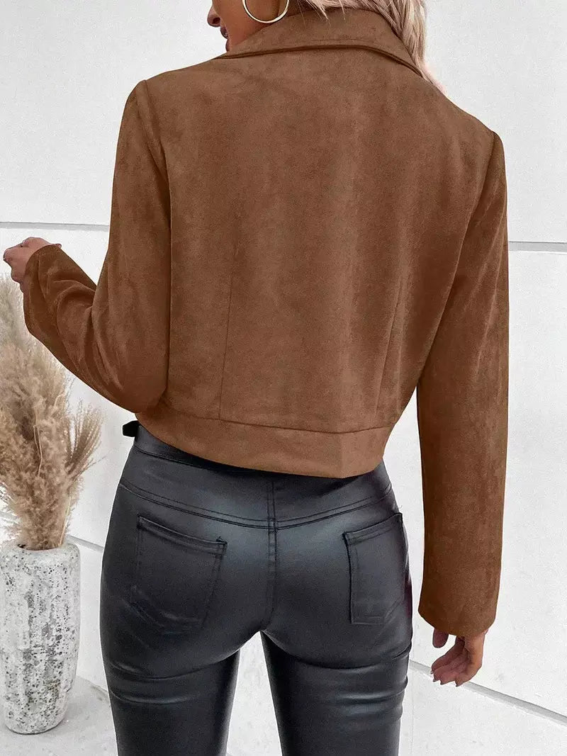 Suede Effect Zip-up Crop Biker Jacket For Women 2025