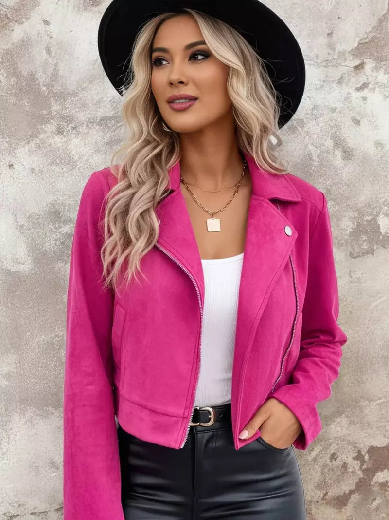 Suede Effect Zip-up Crop Biker Jacket For Women 2025