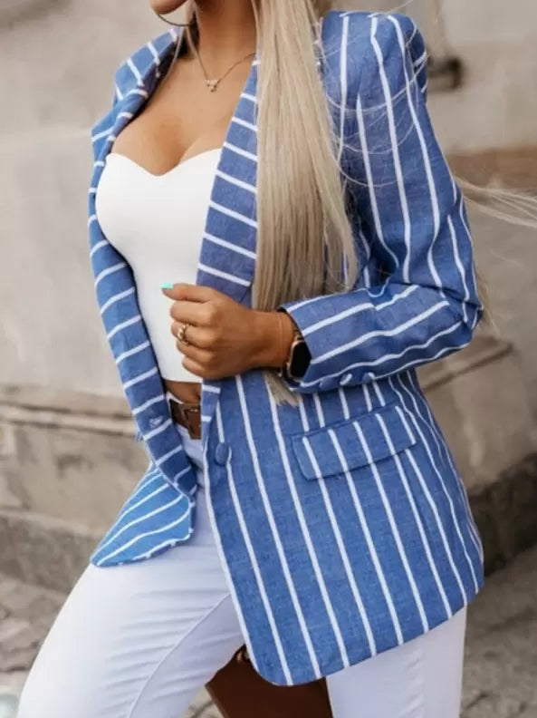Women's Blazer Chic Turndown Collar Long Sleeves Stripes Polyester