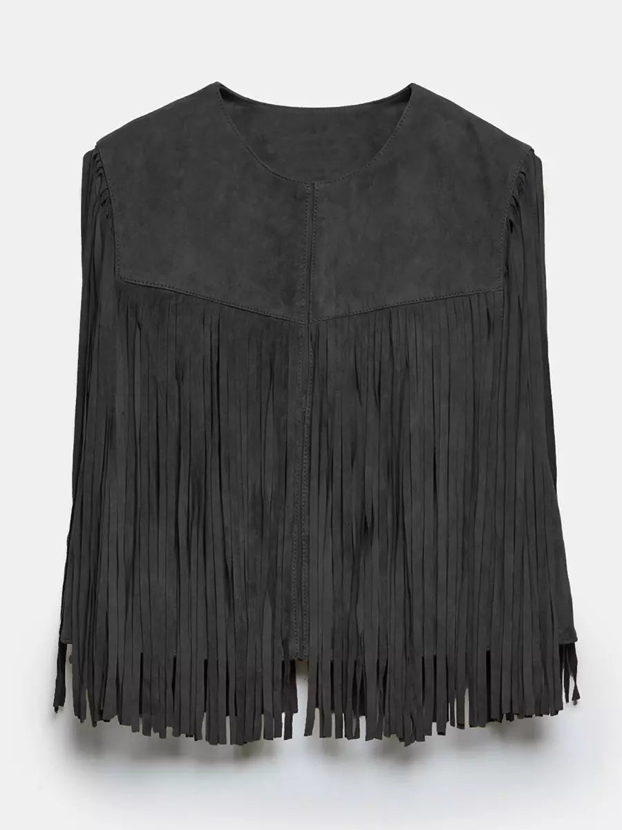 Western Cowgirl Fringe Vest Crew Neck Bohemian Spring Suede Jacket For Women 2025