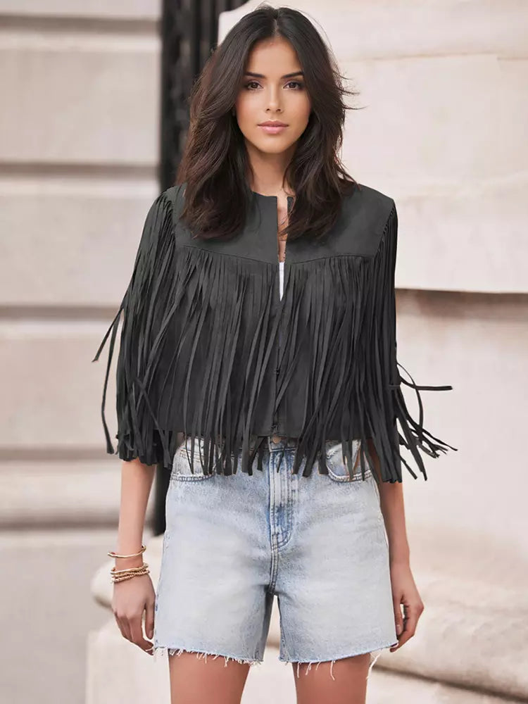 Western Cowgirl Fringe Vest Crew Neck Bohemian Spring Suede Jacket For Women 2025