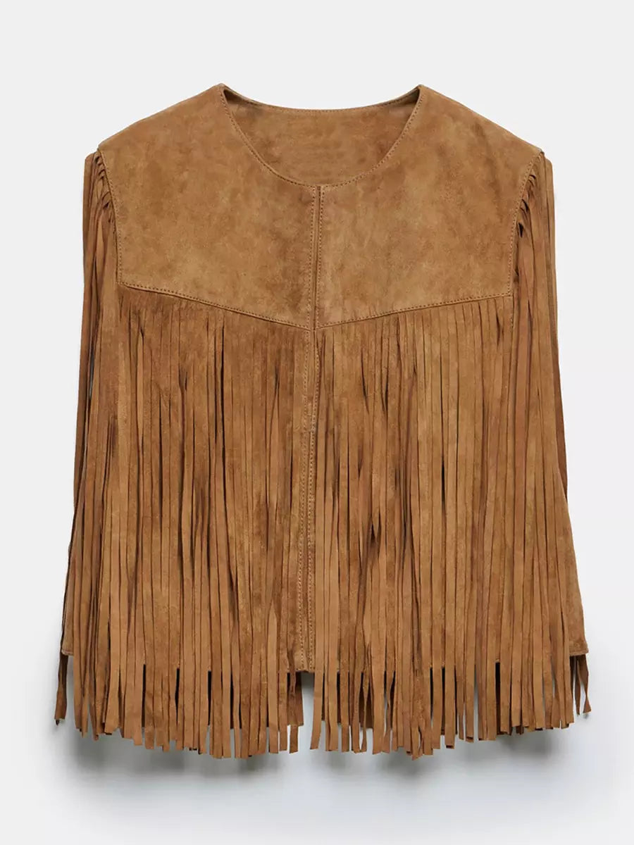 Western Cowgirl Fringe Vest Crew Neck Bohemian Spring Suede Jacket For Women 2025