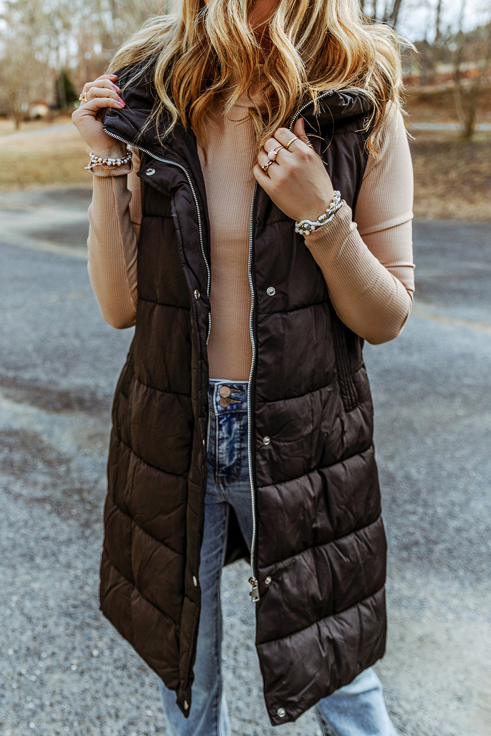 Hooded Long Quilted Vest Coat