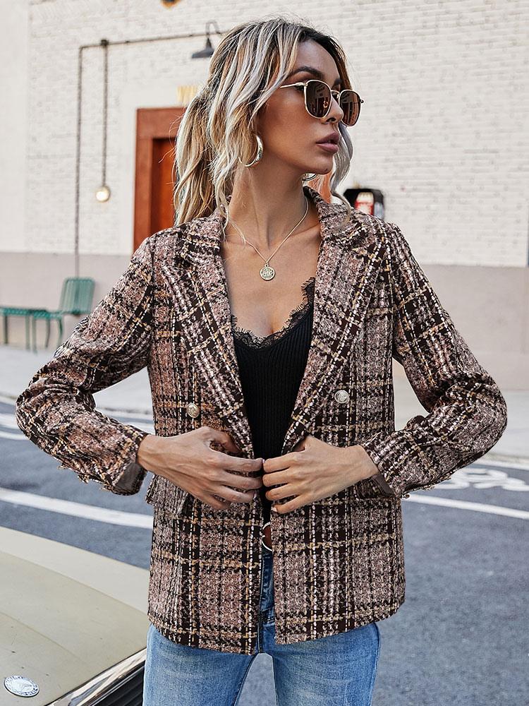 Women Blazer Fashion Turndown Collar Long Sleeves Coffee Brown Plaid Shacket