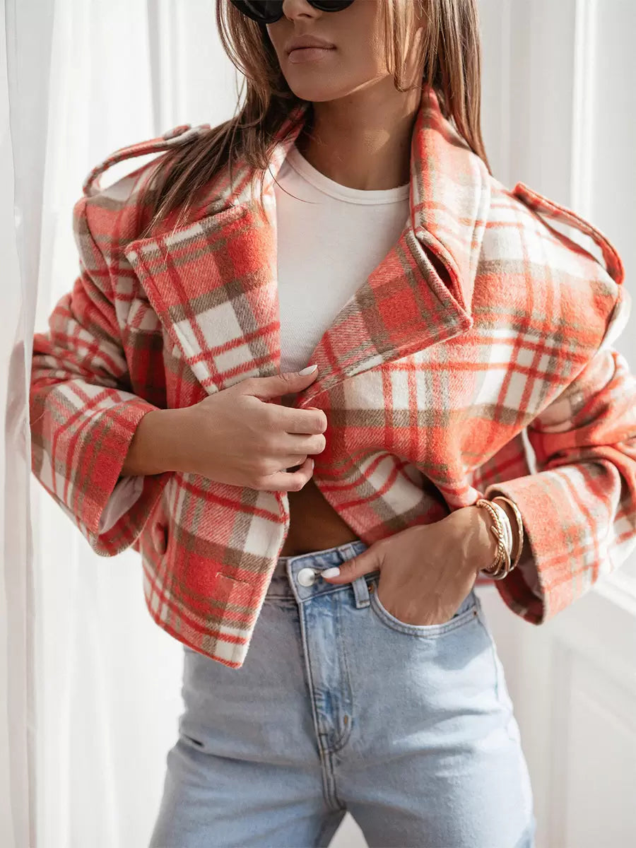 Women Jacket Turndown Collar Plaid Polyester