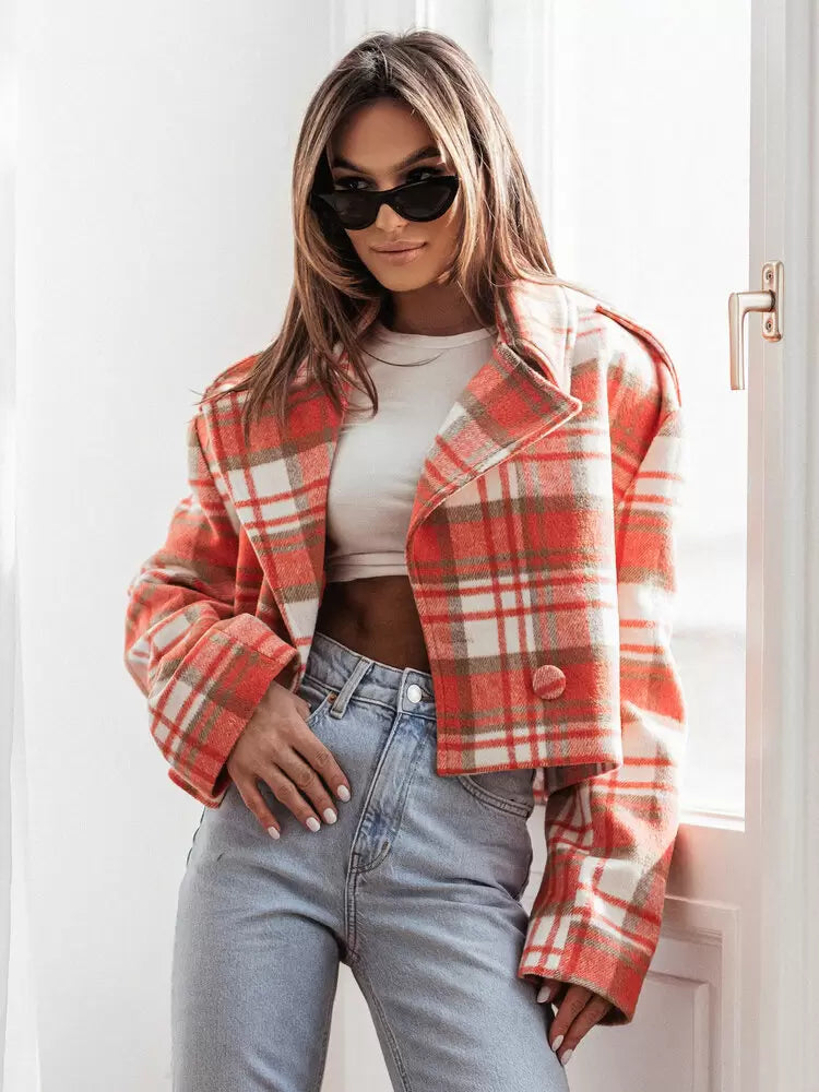 Women Jacket Turndown Collar Plaid Polyester