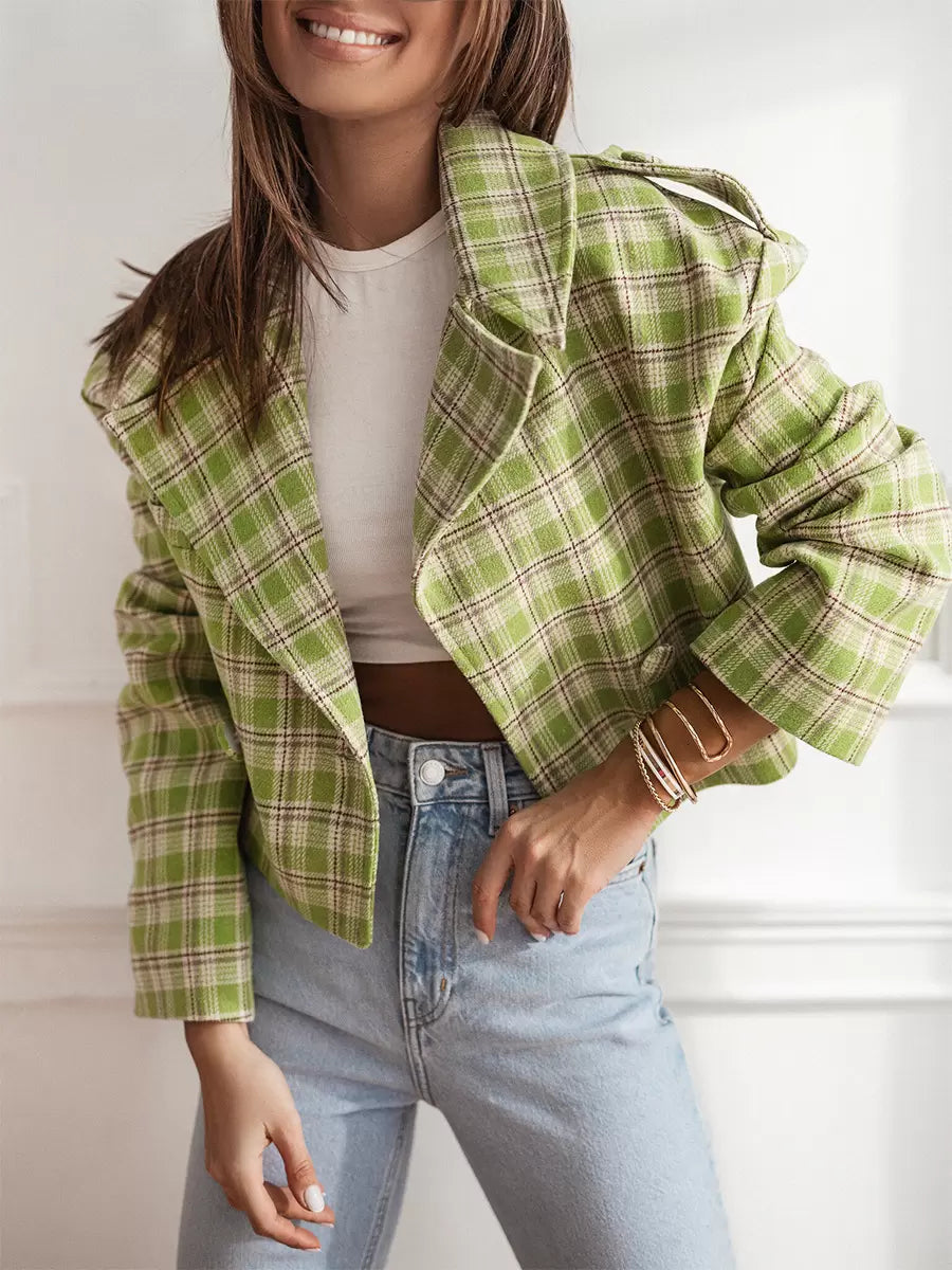 Women Jacket Turndown Collar Plaid Polyester