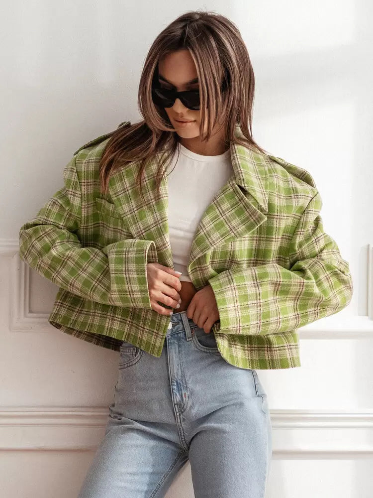 Women Jacket Turndown Collar Plaid Polyester