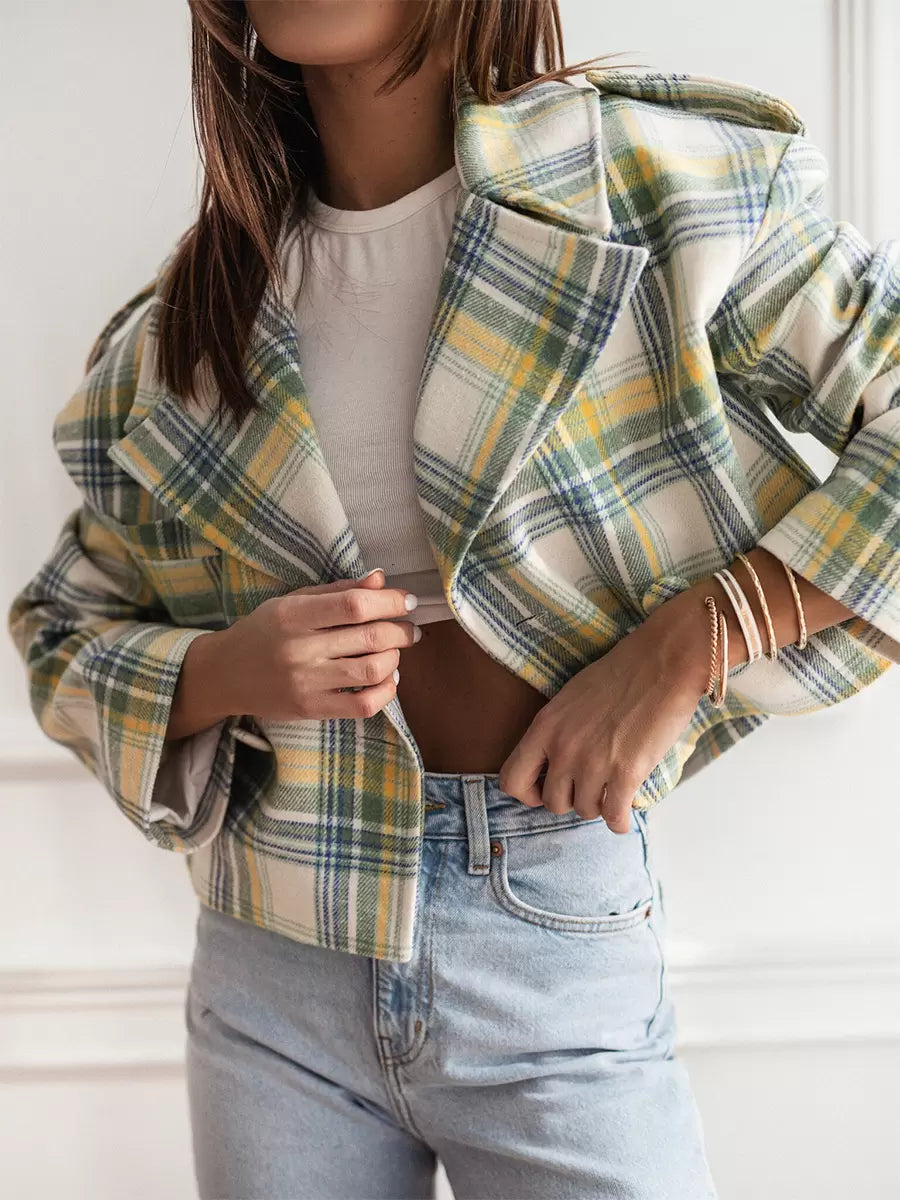 Women Jacket Turndown Collar Plaid Polyester