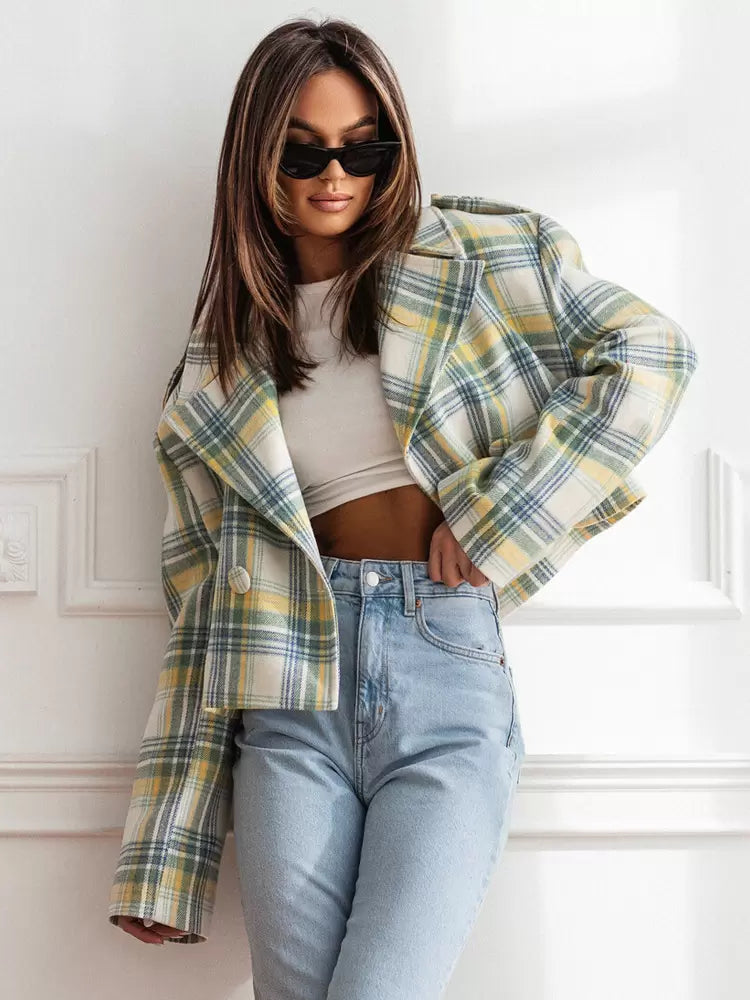 Women Jacket Turndown Collar Plaid Polyester