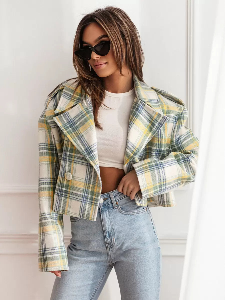 Women Jacket Turndown Collar Plaid Polyester