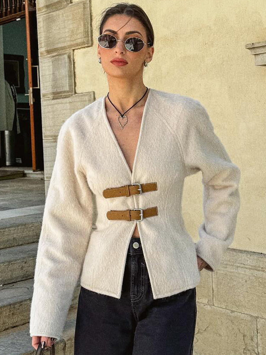 White Jacket For Women Drop Shoulder V-Neck Buckle Details Spring Casual Outerwear 2025