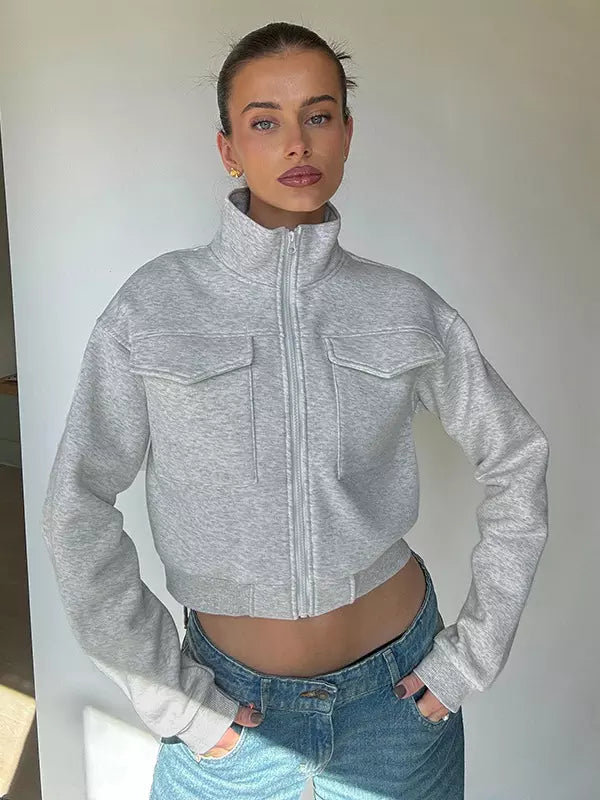 Gray Jacket For Women Stand Collar Long Sleeves Zipper Spring Outerwear 2025