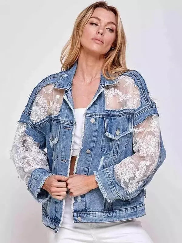 Denim Paneled Lace Crop Jacket With Three-quarter Sleeves For Autumn 2025