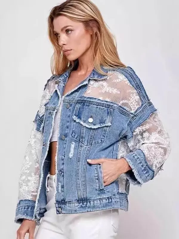 Denim Paneled Lace Crop Jacket With Three-quarter Sleeves For Autumn 2025