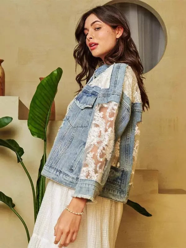 Denim Paneled Lace Crop Jacket With Three-quarter Sleeves For Autumn 2025