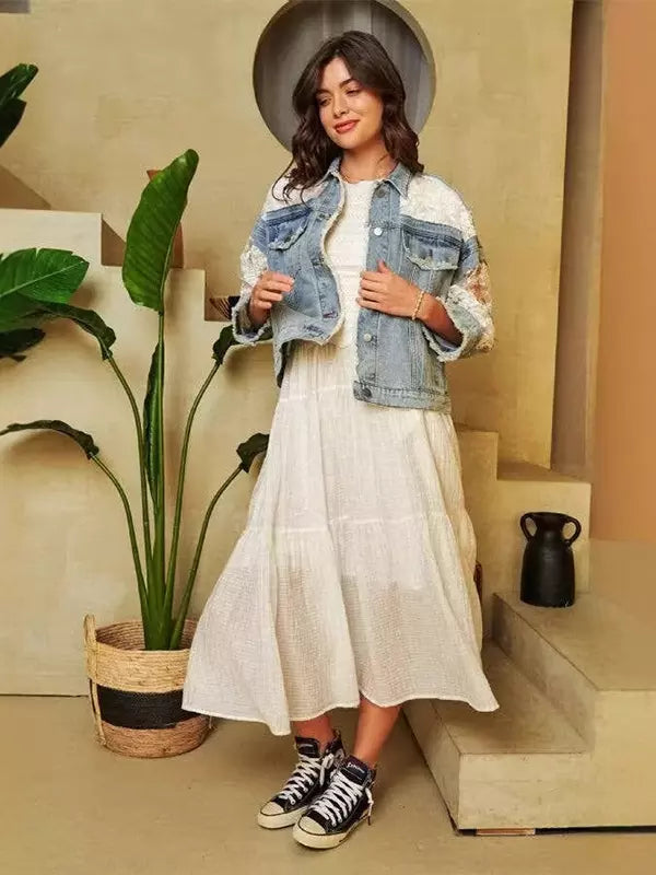 Denim Paneled Lace Crop Jacket With Three-quarter Sleeves For Autumn 2025
