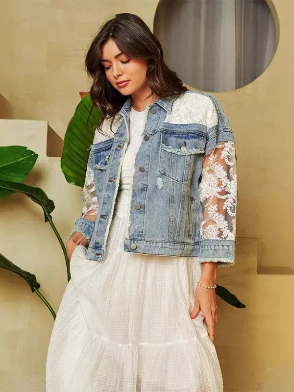 Denim Paneled Lace Crop Jacket With Three-quarter Sleeves For Autumn 2025